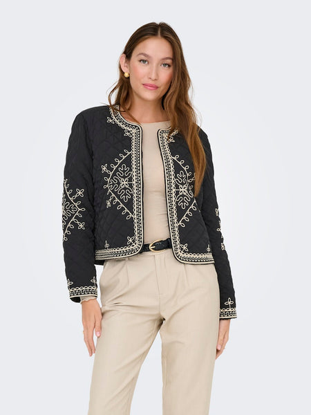 JDY Short Quilted Embroidered Jacket in Black
