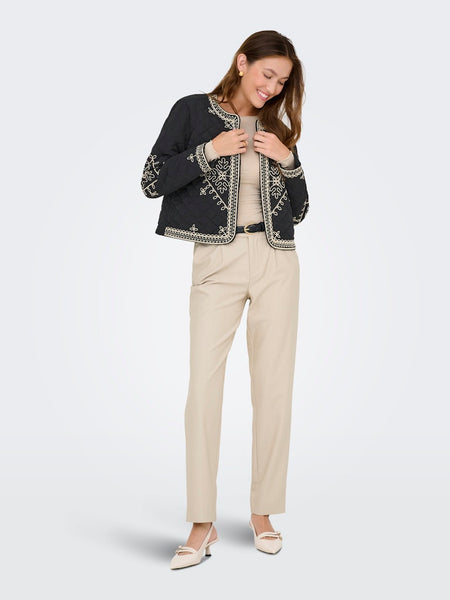JDY Short Quilted Embroidered Jacket in Black