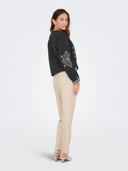 JDY Short Quilted Embroidered Jacket in Black