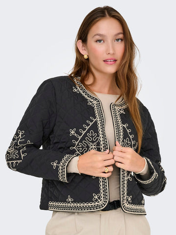 JDY Short Quilted Embroidered Jacket in Black