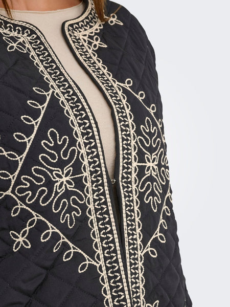 JDY Short Quilted Embroidered Jacket in Black