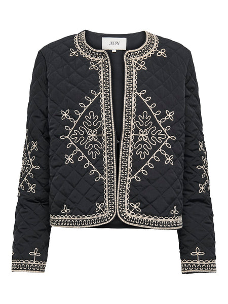 JDY Short Quilted Embroidered Jacket in Black