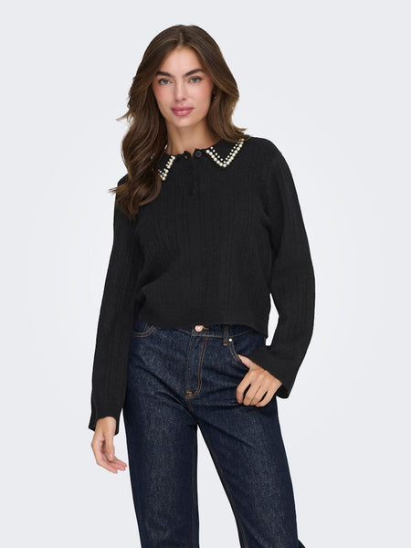 JDY Knitted Collar Jumper With Pearls in Black