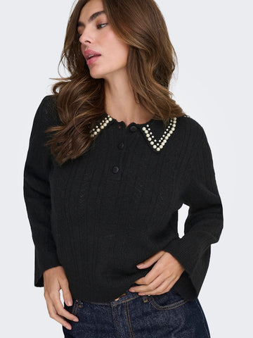 JDY Knitted Collar Jumper With Pearls in Black
