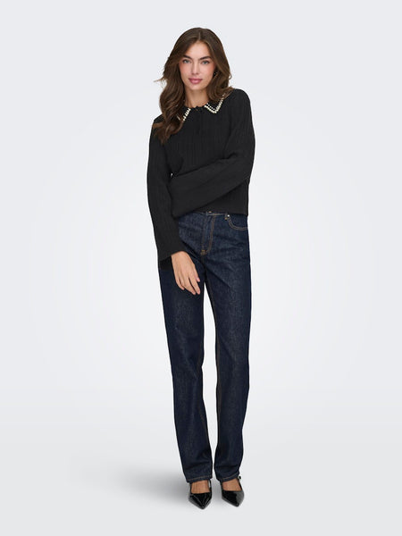 JDY Knitted Collar Jumper With Pearls in Black