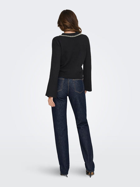 JDY Knitted Collar Jumper With Pearls in Black