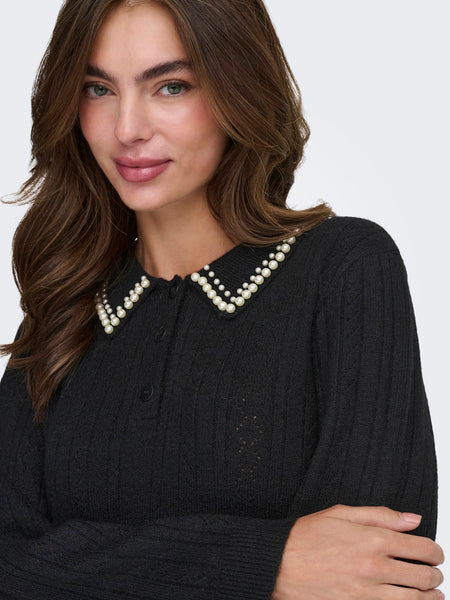 JDY Knitted Collar Jumper With Pearls in Black
