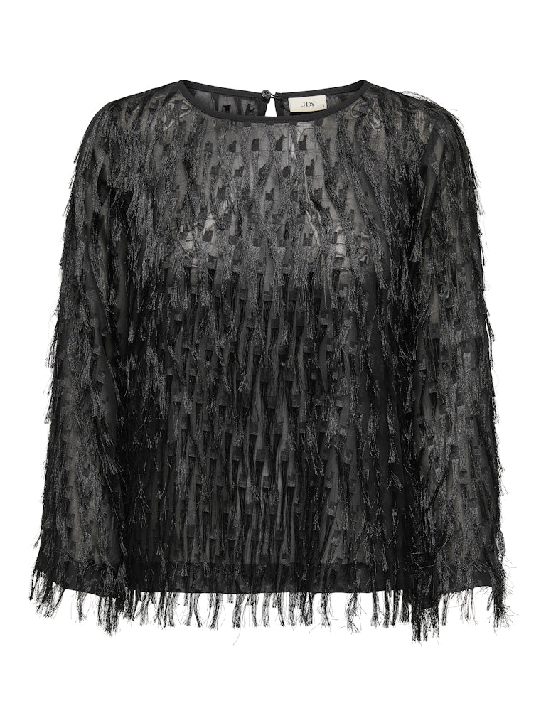 JDY Long Sleeve Fringe Top in Black