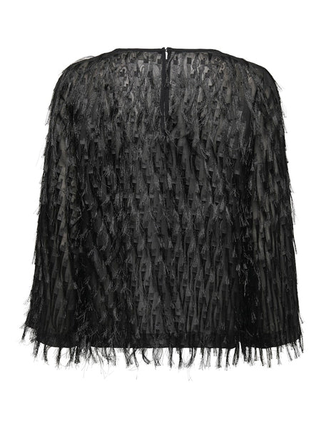 JDY Long Sleeve Fringe Top in Black