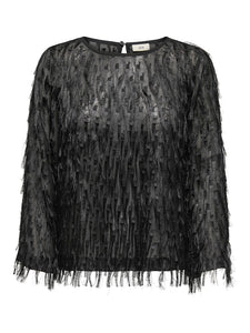 JDY Long Sleeve Fringe Top in Black