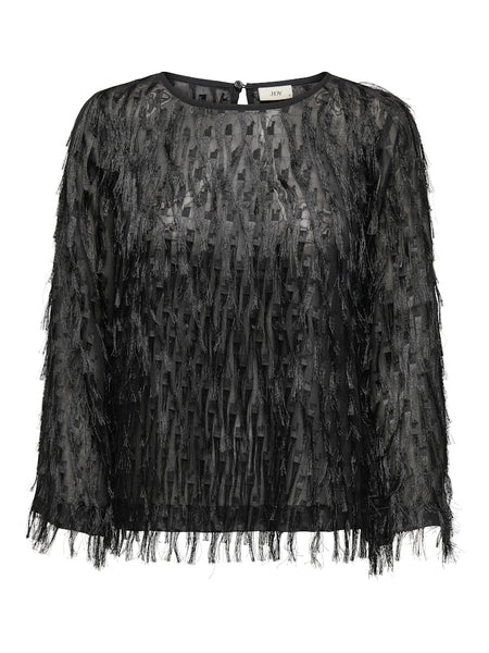 JDY Long Sleeve Fringe Top in Black
