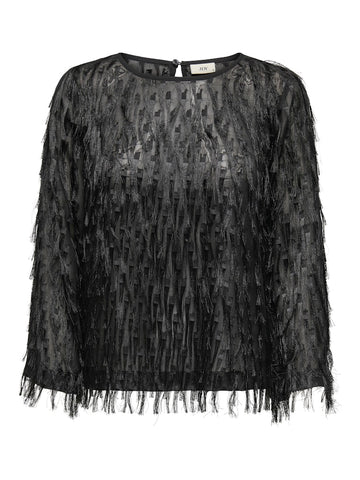 JDY Long Sleeve Fringe Top in Black