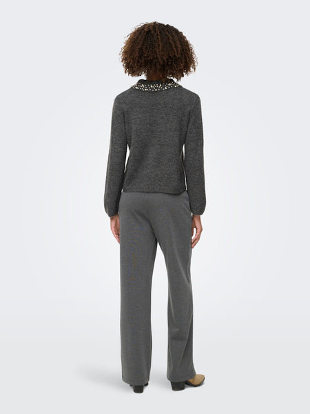 JDY Knitted Pearl Collar Jumper in Grey