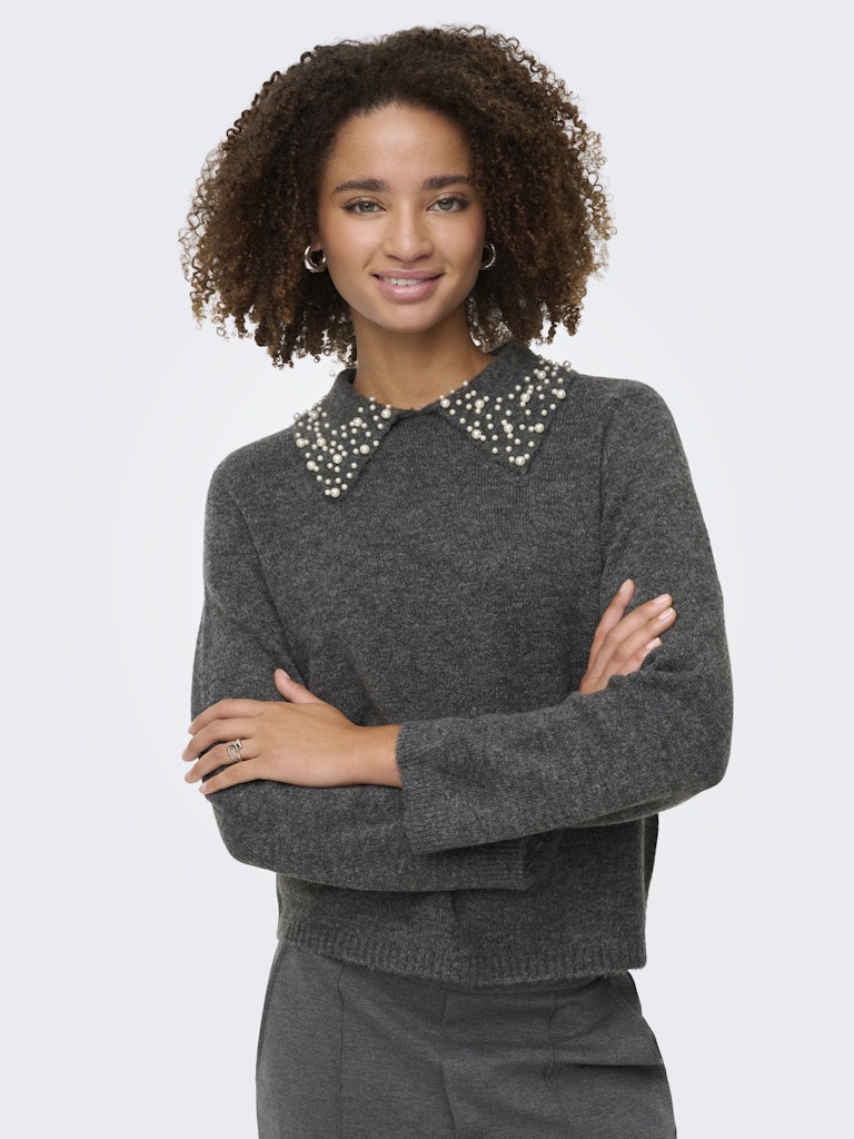 JDY Knitted Pearl Collar Jumper in Grey