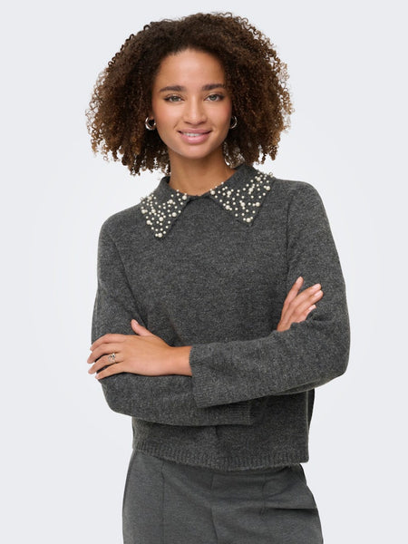 JDY Knitted Pearl Collar Jumper in Grey