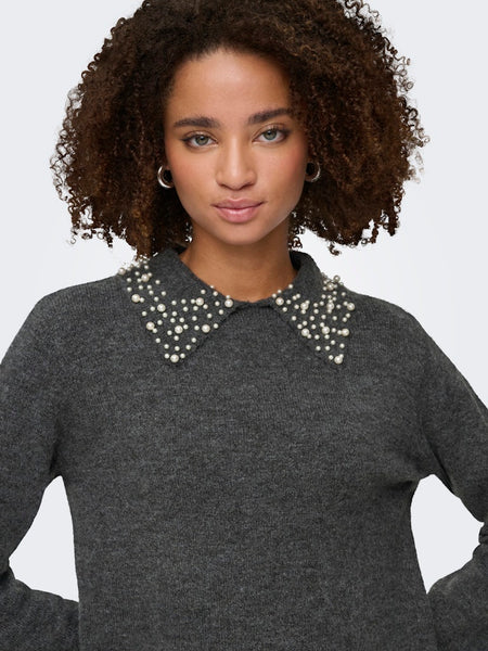 JDY Knitted Pearl Collar Jumper in Grey