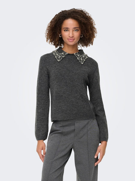JDY Knitted Pearl Collar Jumper in Grey