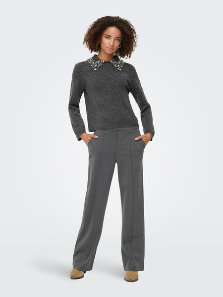 JDY Knitted Pearl Collar Jumper in Grey