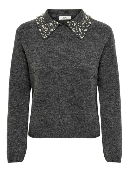 JDY Knitted Pearl Collar Jumper in Grey