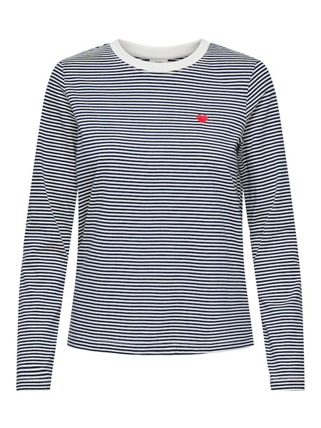 JDY Striped Embroidered Heart Long Sleeve Top in Navy