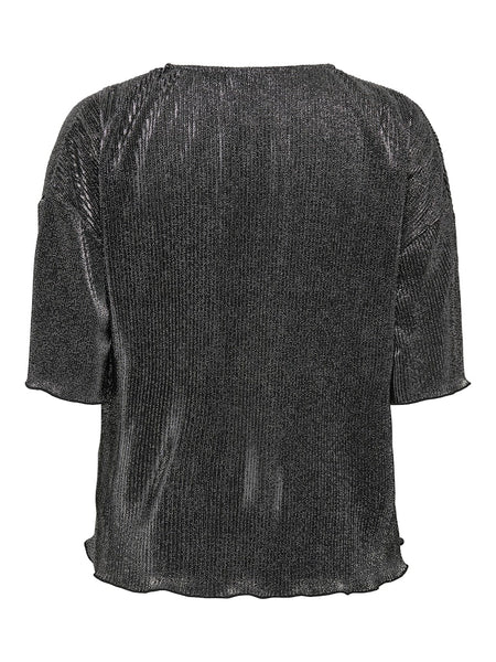JDY Short Sleeve Glitter Plisse Top in Silver