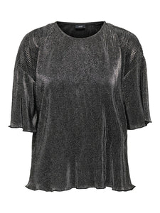JDY Short Sleeve Glitter Plisse Top in Silver