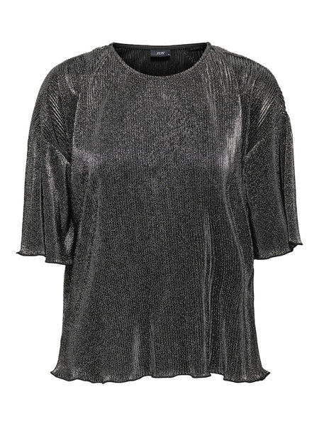 JDY Short Sleeve Glitter Plisse Top in Silver