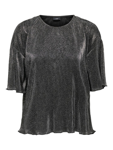 JDY Short Sleeve Glitter Plisse Top in Silver