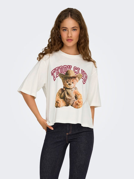 JDY Printed "Teddy Club" T-Shirt in Cream