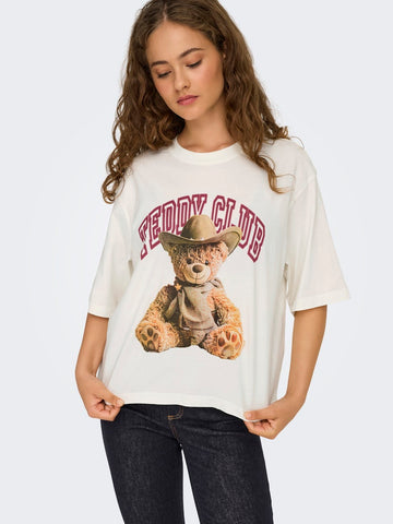 JDY Printed "Teddy Club" T-Shirt in Cream