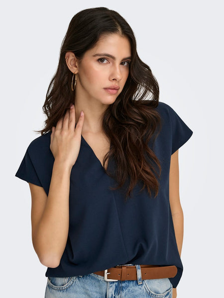 JDY Short Sleeve V-Neck Top in Navy