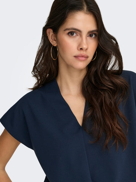JDY Short Sleeve V-Neck Top in Navy