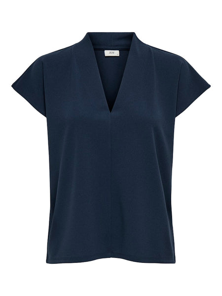 JDY Short Sleeve V-Neck Top in Navy