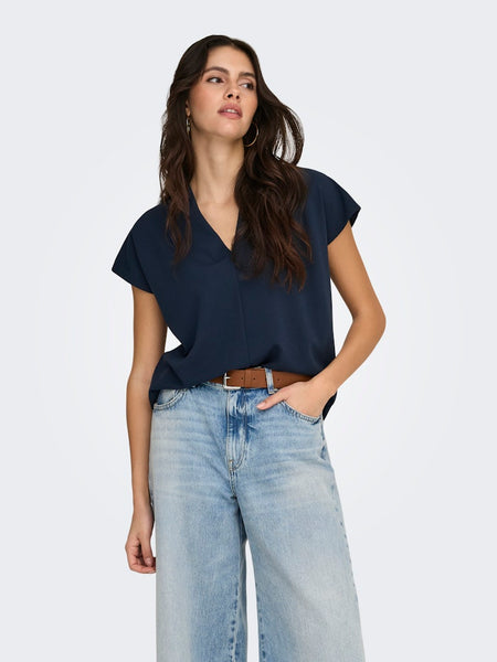 JDY Short Sleeve V-Neck Top in Navy