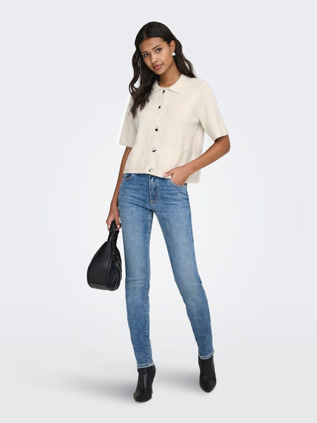 JDY Short Sleeve Button Collar Cardigan in Cream