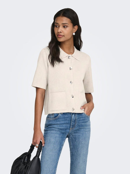 JDY Short Sleeve Button Collar Cardigan in Cream