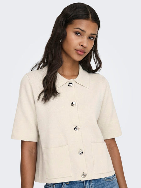 JDY Short Sleeve Button Collar Cardigan in Cream
