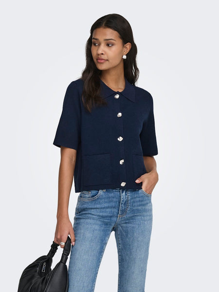 JDY Short Sleeve Button Collar Cardigan in Navy