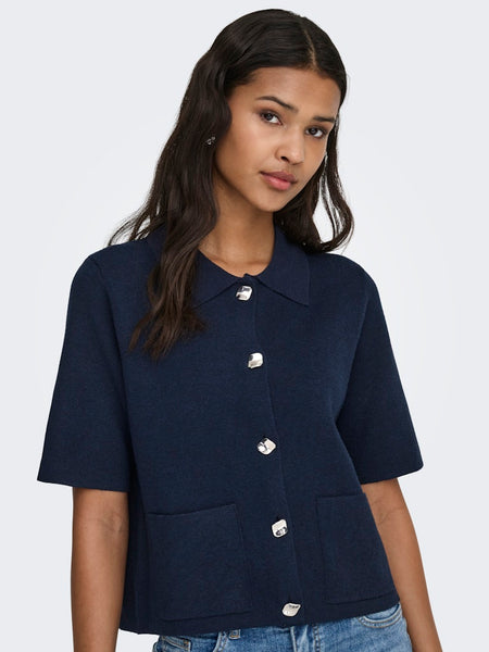 JDY Short Sleeve Button Collar Cardigan in Navy
