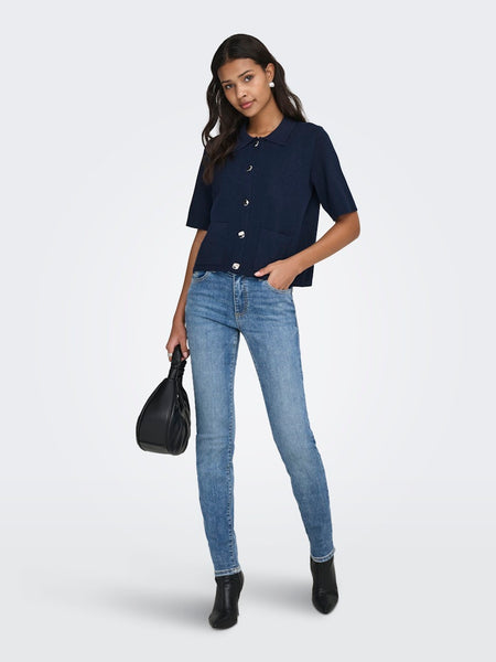 JDY Short Sleeve Button Collar Cardigan in Navy