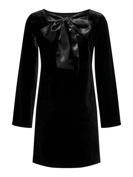 JDY Short Velvet Bow Back Dress in Black