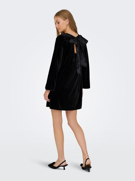 JDY Short Velvet Bow Back Dress in Black
