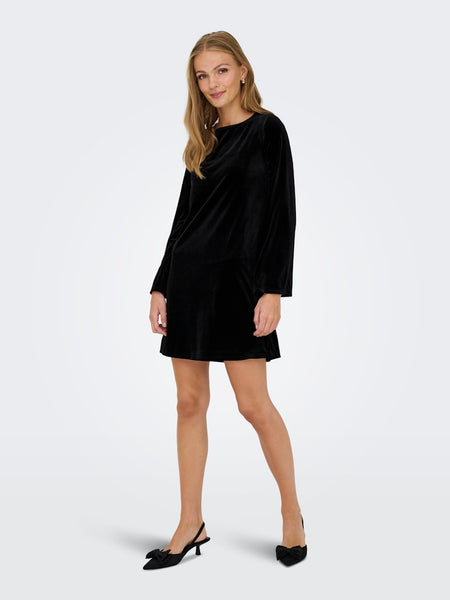 JDY Short Velvet Bow Back Dress in Black