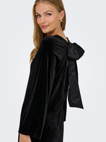 JDY Short Velvet Bow Back Dress in Black