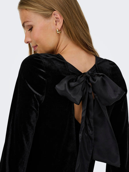 JDY Short Velvet Bow Back Dress in Black