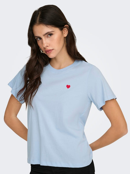 JDY Embroidered Heart T-Shirt in Blue