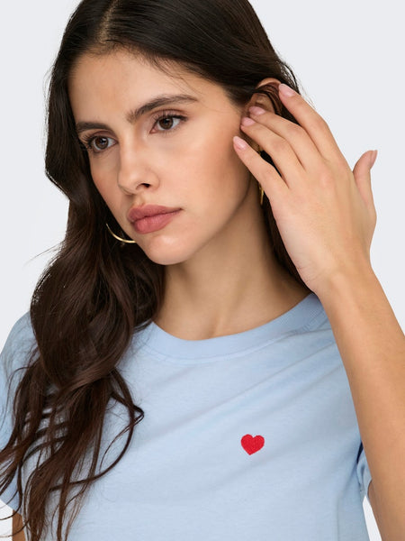 JDY Embroidered Heart T-Shirt in Blue