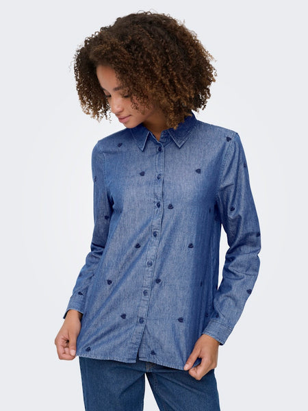 JDY Denim Embroidered Heart Shirt in Medium Blue