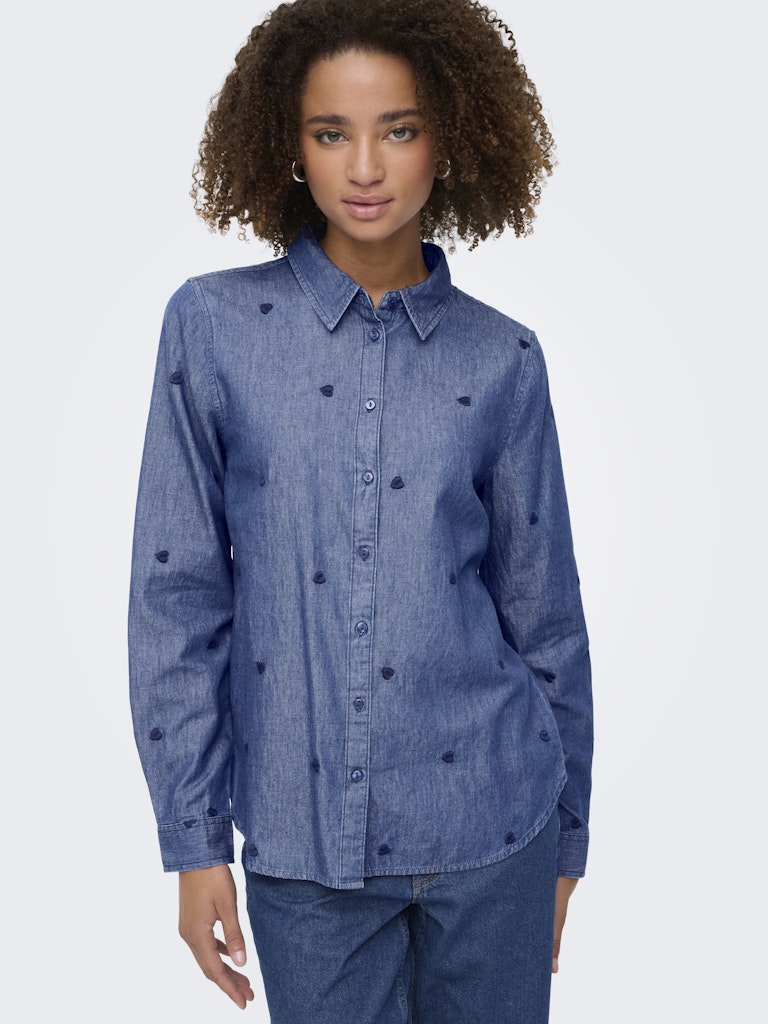 JDY Denim Embroidered Heart Shirt in Medium Blue