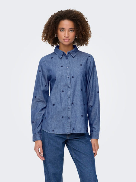 JDY Denim Embroidered Heart Shirt in Medium Blue